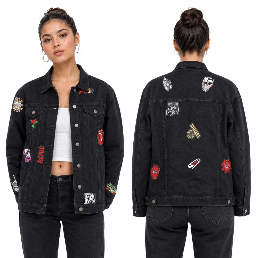 Unbranded Denim Jacket Women M Black Rock Band Patch Trucker Music Edgy 5528